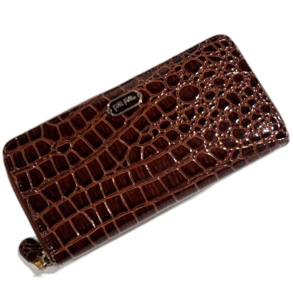 Folli Follie Wallet 7.75"x4"  Long Brown Croc-Embossed Leather Zip-Around Wallet - Picture 1 of 13